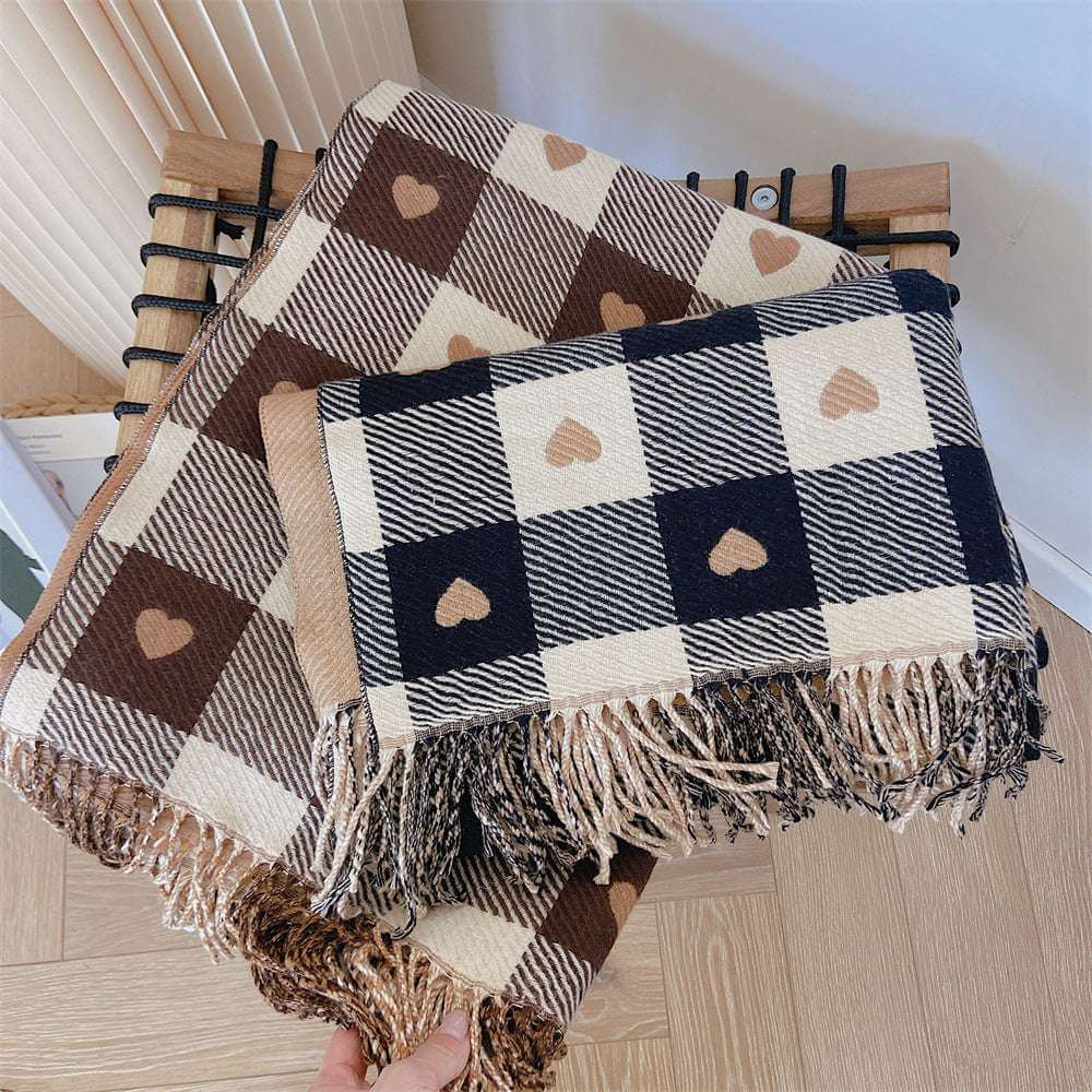 Women's Faux Cashmere Heart Check Scarf with Fringe