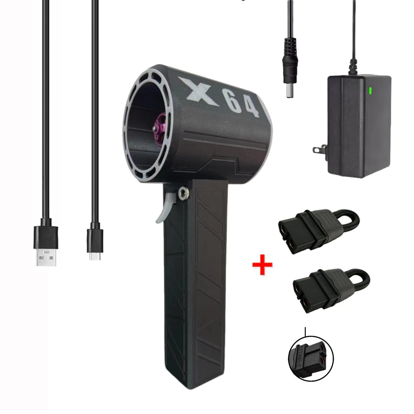 Black handheld device labeled 'X64' with accessories on a white background