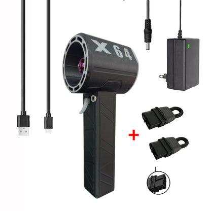 Black handheld device labeled 'X64' with accessories on a white background