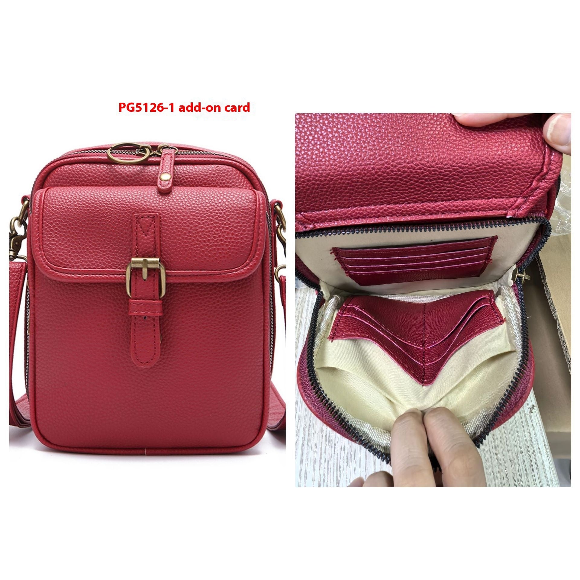 Red pebbled leather-look messenger bag with front flap and card slots inside
