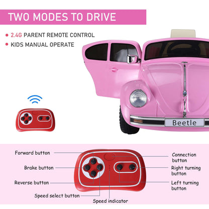 Pink ride-on car showing parent remote and kid control buttons