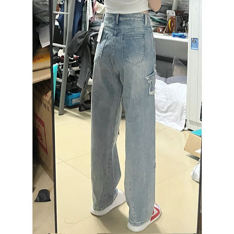 Blue XINGX Embroidered Jeans Women Loose Straight-leg Wide-leg Pants