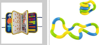 Colorful educational book and interlocking toy on a white background