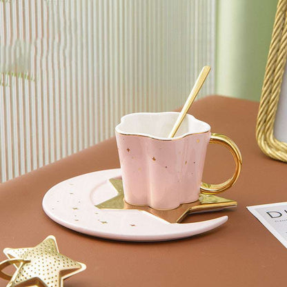 Creative Ceramic Cup with Star and Moon Saucer - Celestial Gold Trim Coffee Set Creative Ceramic Cup With Star And Moon | Ectron Online