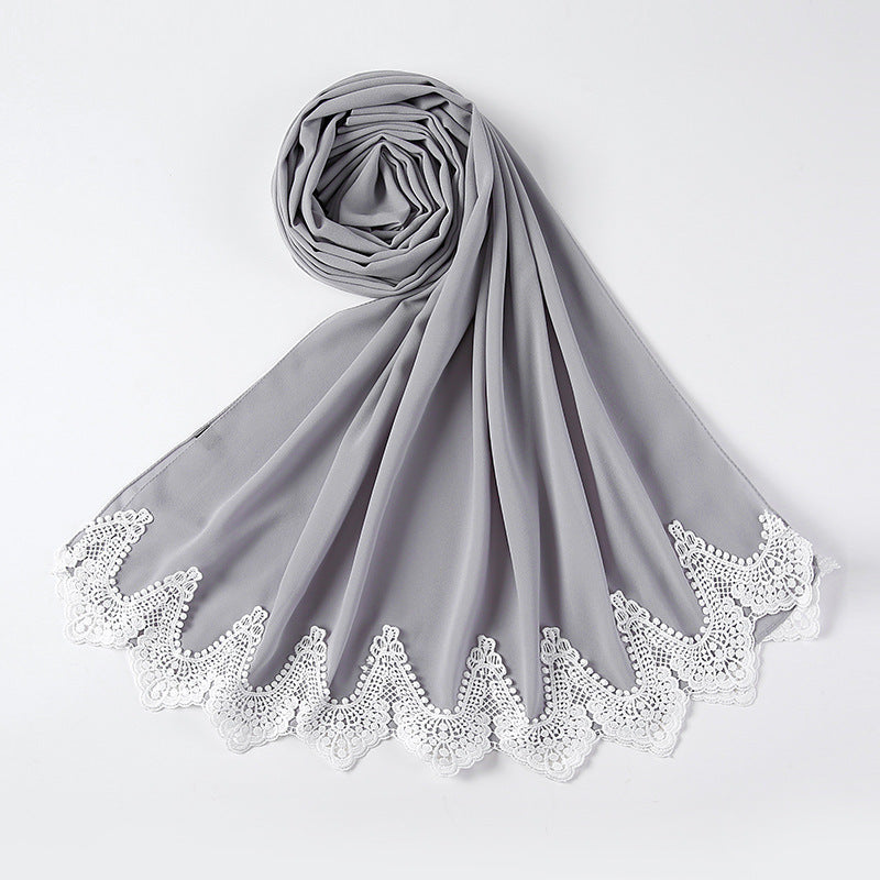 New Pearl Chiffon Scarf Malaysia Fashion Stitching Lace Scarf