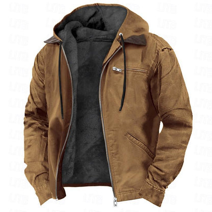 Men’s hooded fleece zip-up jacket in tan/brown with black inner hood and drawstring.