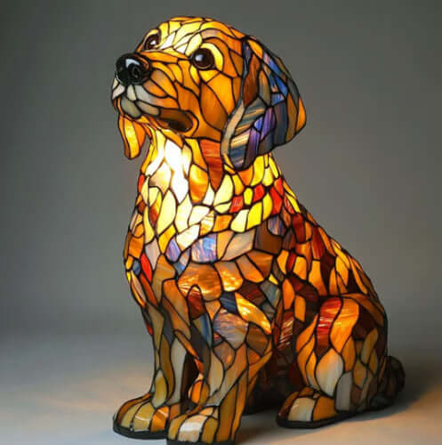 Colorful dog-shaped lamp with orange and gold mosaic finish, sitting posture with side profile