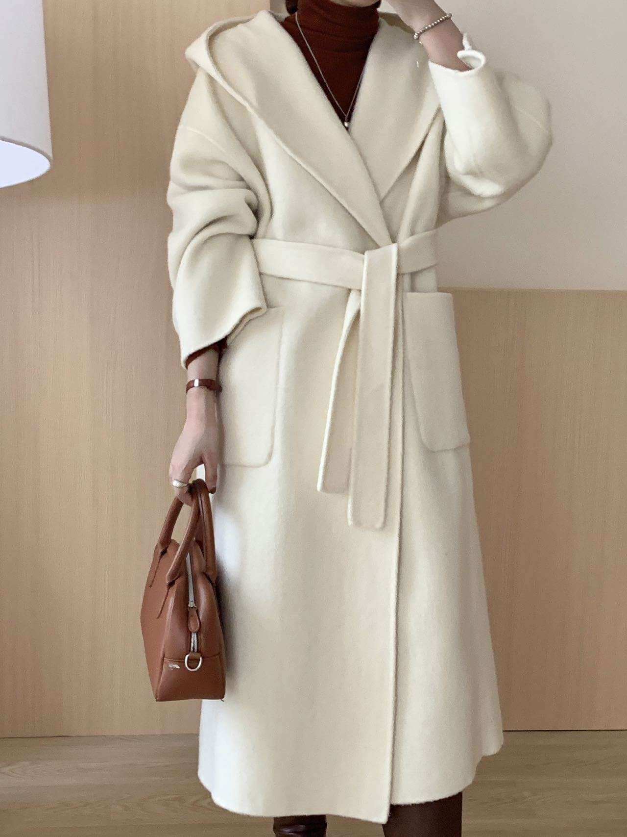 Women's Hooded Solid Color Double-Sided Wool Overcoat Solid Color Hooded Double-sided Wool Ove | Ectron Online