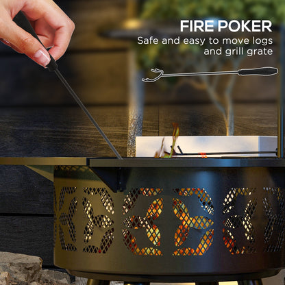 Black fire pit with perforated bowl and grill grate, with fire poker resting