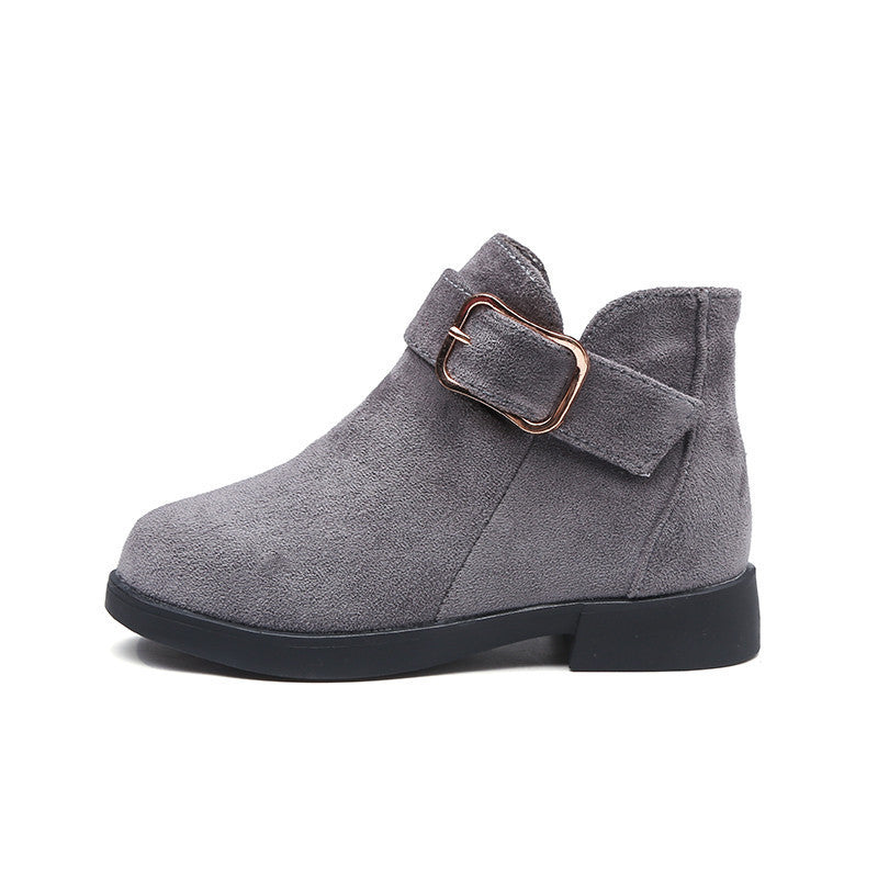 Suede leather ankle boot with buckle strap and low block heel, grey.