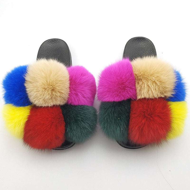 Luxury Fox Fur Slides & Fluffy Slippers Fox Fur Ball Slippers For Outer Wear | Ectron Online