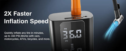 Black tire inflator with digital pressure display and orange top nozzle
