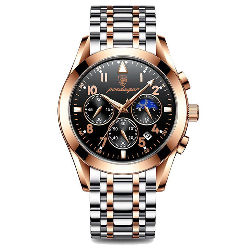 Men's wrist watch with two-tone steel bracelet, black dial, and rose-gold-tone bezel