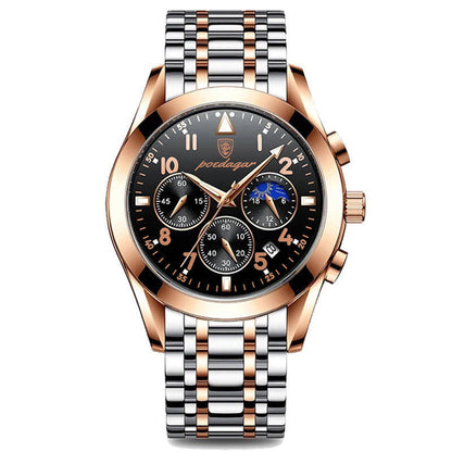 Men's wrist watch with two-tone steel bracelet, black dial, and rose-gold-tone bezel