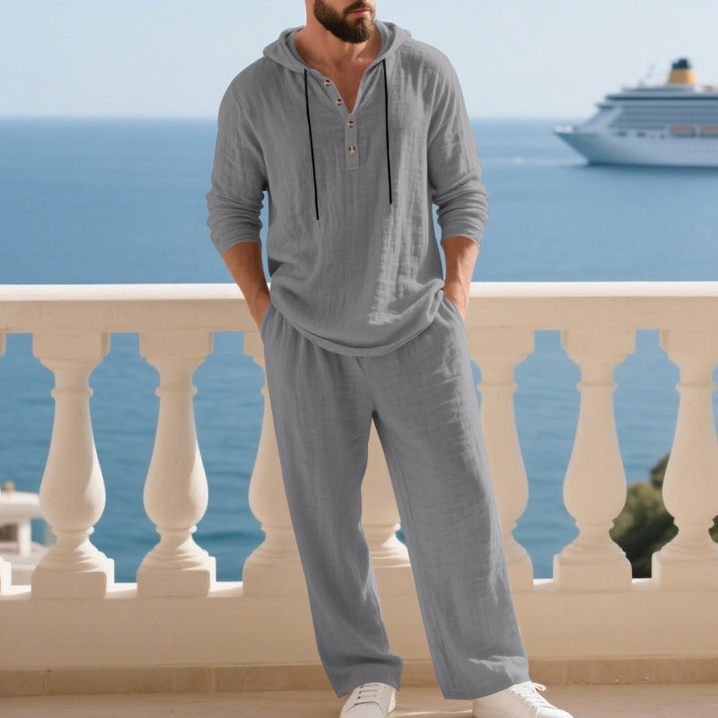 Gray hooded long sleeve home wear set with drawstring hood and matching pants