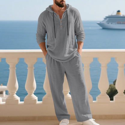 Gray hooded long sleeve home wear set with drawstring hood and matching pants