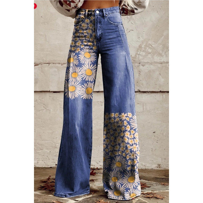 Fashion Women's Printed High Waist Loose Thin Imitation Denim Wide Leg Pants