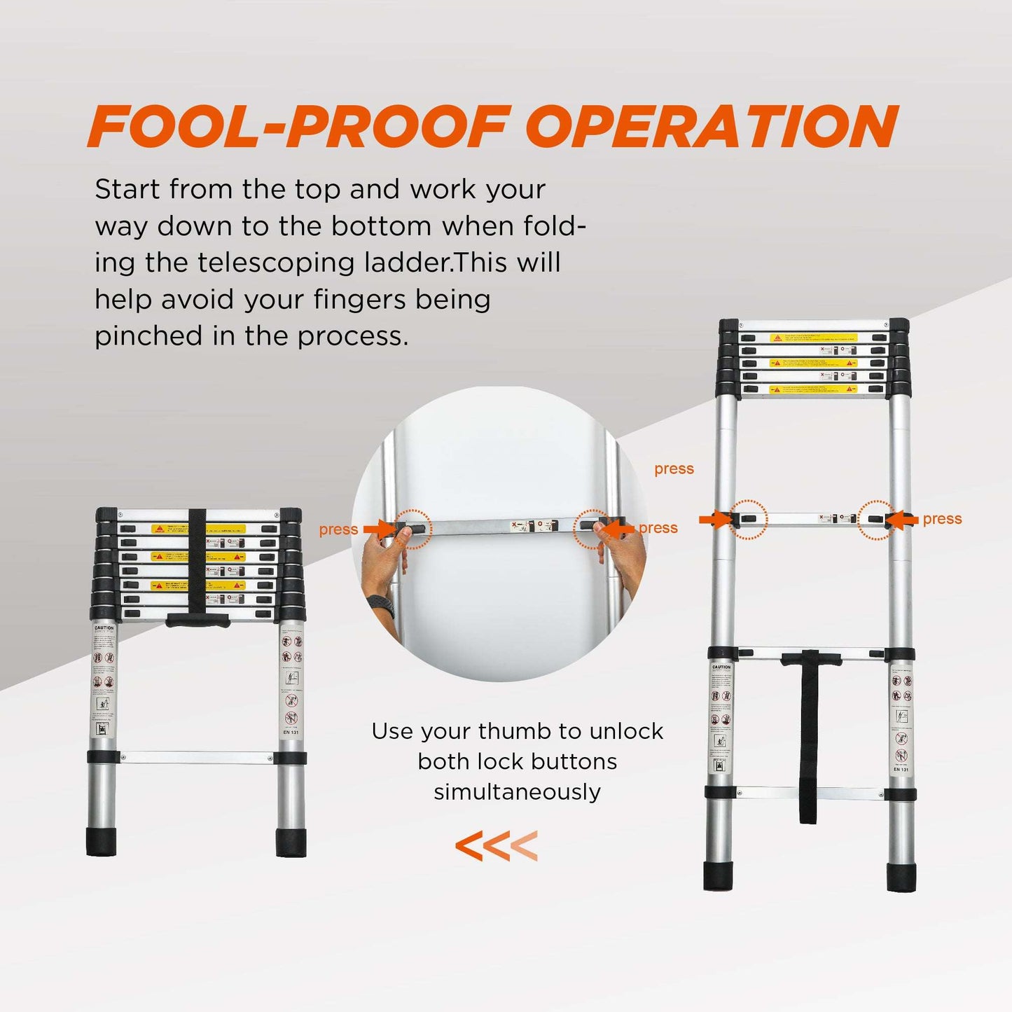 Portable aluminum telescoping ladder with lock buttons and a circular inset detail view.