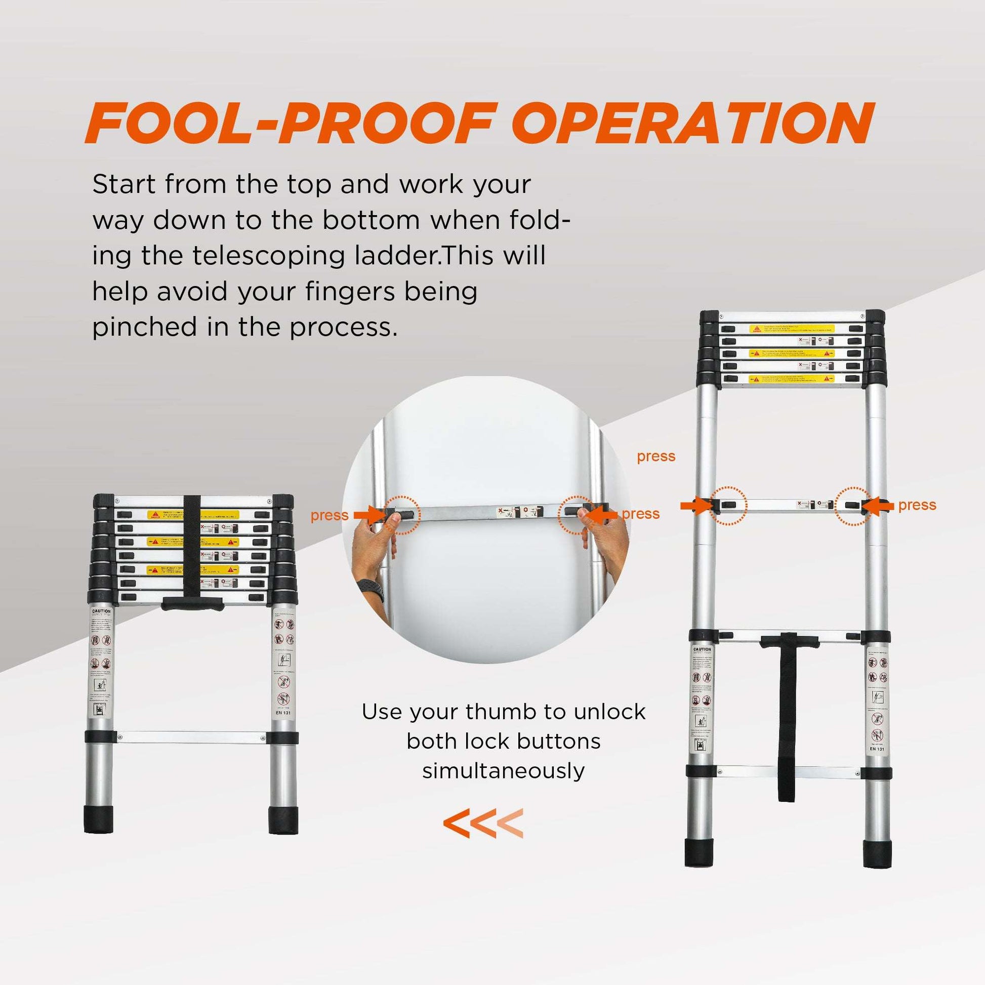 Portable aluminum telescoping ladder with lock buttons and a circular inset detail view.