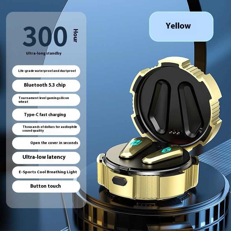 Yellow wireless gaming headset with glowing teal accents and open-cup ear design