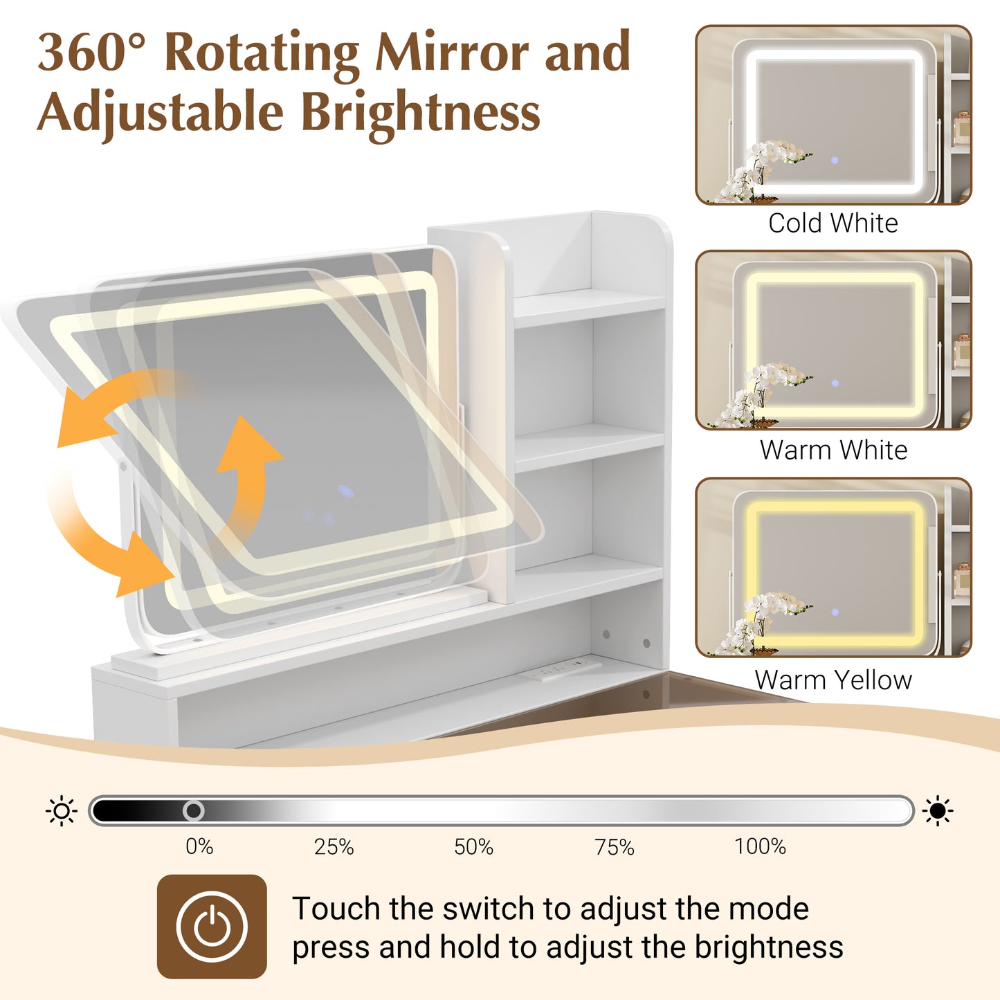 White Makeup Vanity with LED 360° Mirror, Power Outlet & Amber Glass
