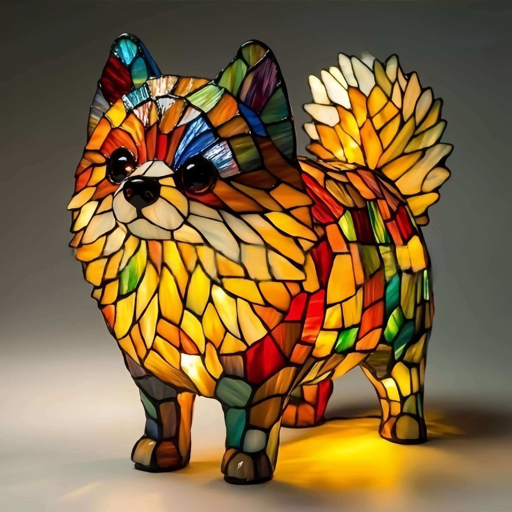 Colorful dog-shaped lamp with yellow and multicolor mosaic finish, standing dog with tall tail