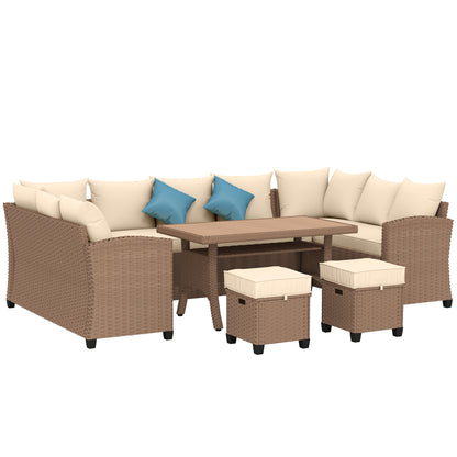 Khaki PE wicker patio conversation set with beige cushions, blue pillows, table and stools