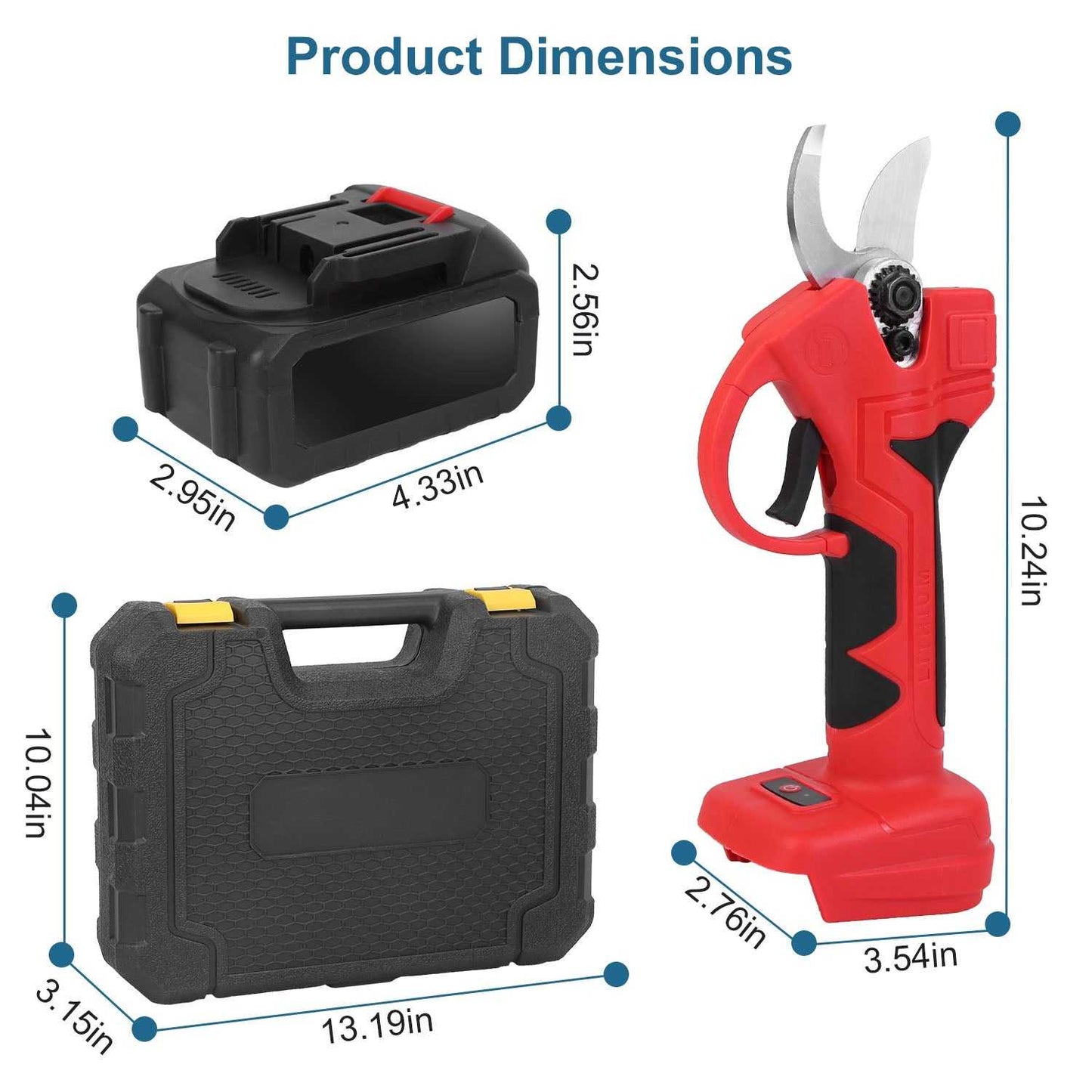 Red cordless pruning shears shown with black battery pack case and size dimensions