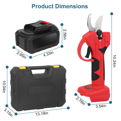 Red cordless pruning shears with black battery case shown with size outlines