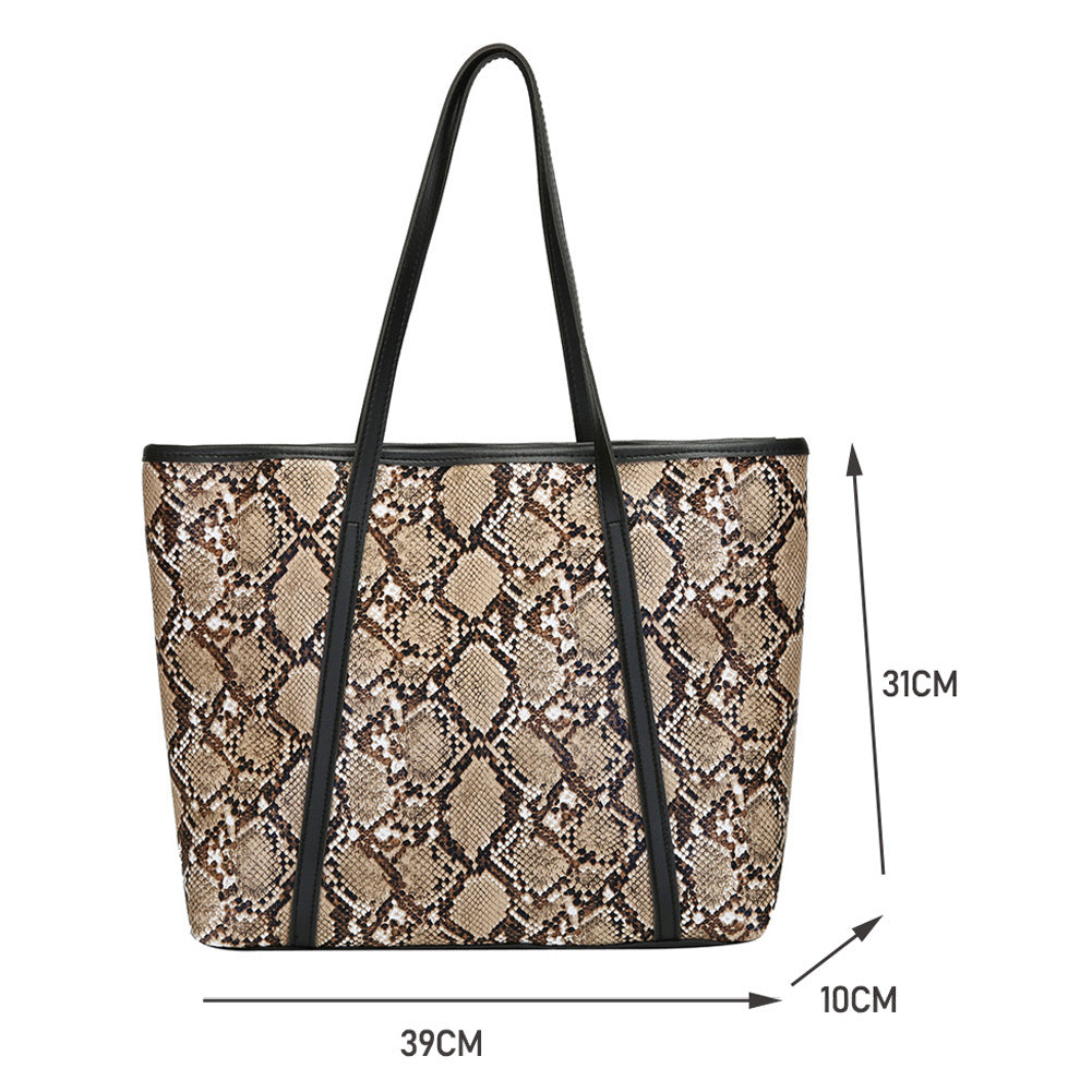 Large beige snake-print tote bag with black handles and front logo patch