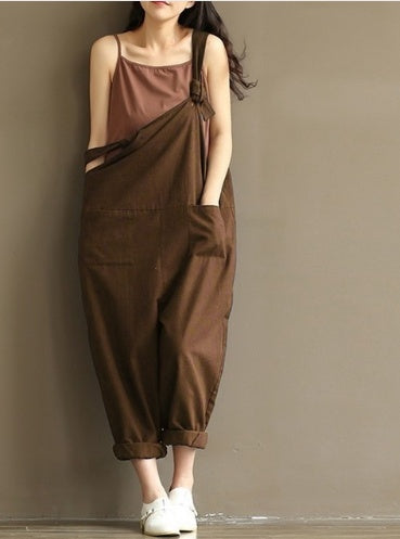 Women's Casual Trousers with Brushed Cotton Suspenders Wide Leg Pants | Ectron Online
