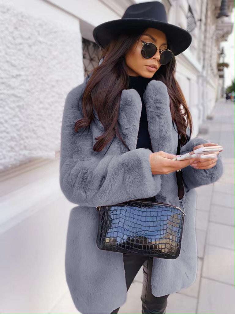 Elegant Long Sleeve Faux Fur Coat for Women Temperament Long Sleeve Lapel Faux Fur C | Ectron Online