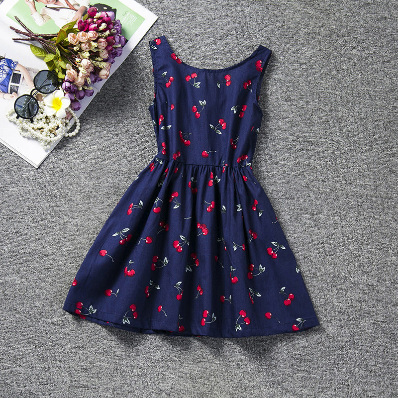 Girls lace princess dress with navy fabric and cherry print, gathered tiered skirt