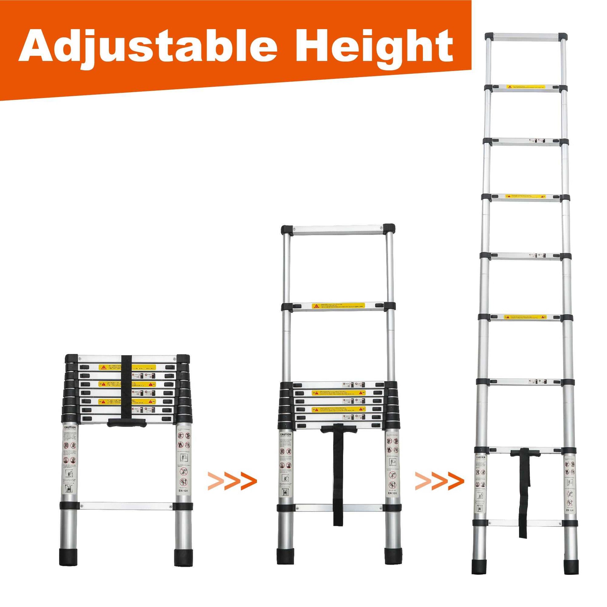 Telescoping aluminum ladder with adjustable height, multiple step sections and yellow rails