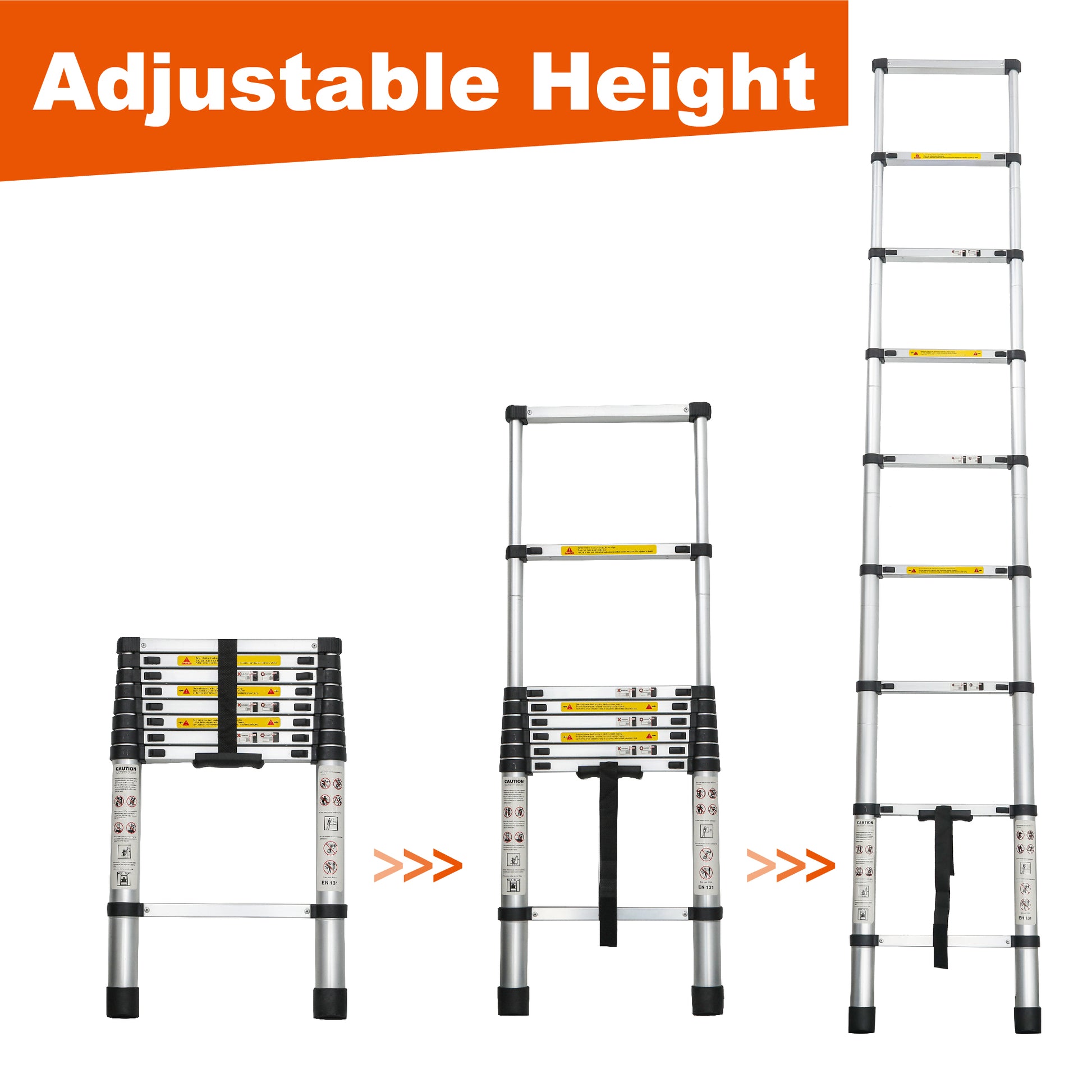 Portable aluminum telescoping ladder displayed at multiple adjustable heights.