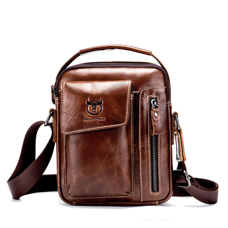 Brown leather messenger bag with front flap, vertical zip pocket, and crossbody strap.