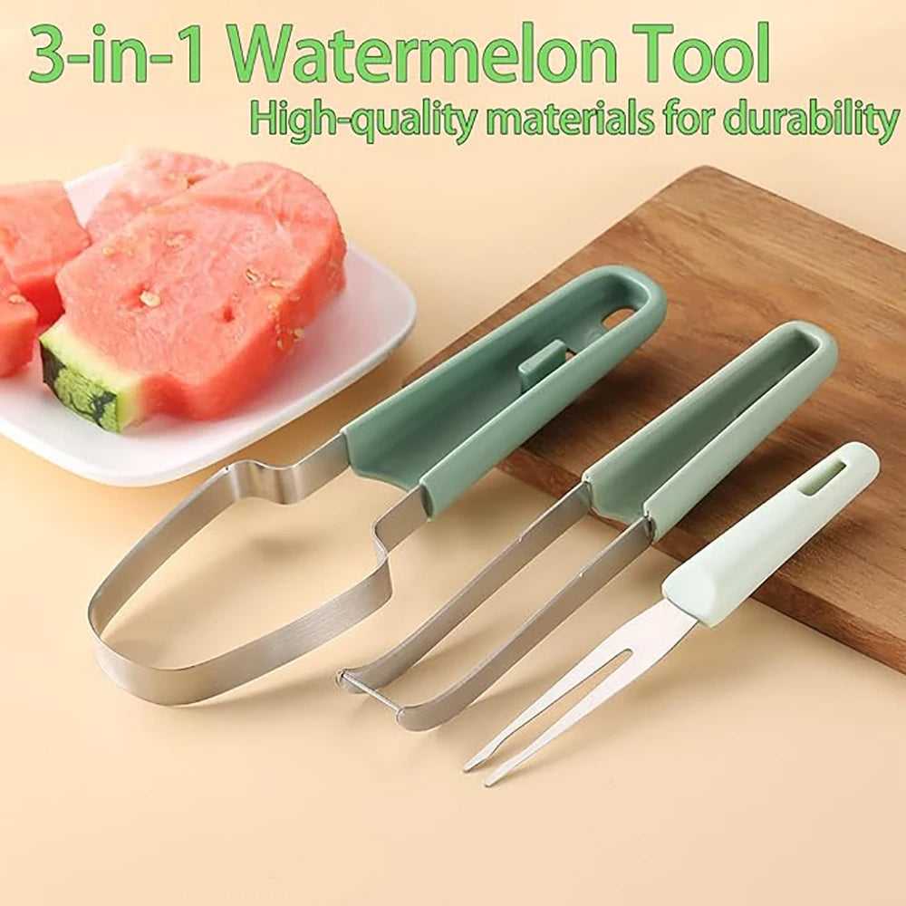 3-in-1 watermelon tool set with stainless blades, mint-green handles, and fork prongs.