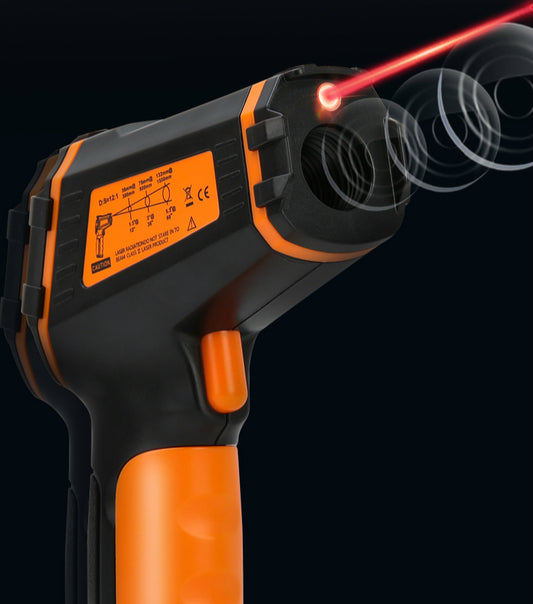 Hot air gun with digital display and red laser pointer on a black background
