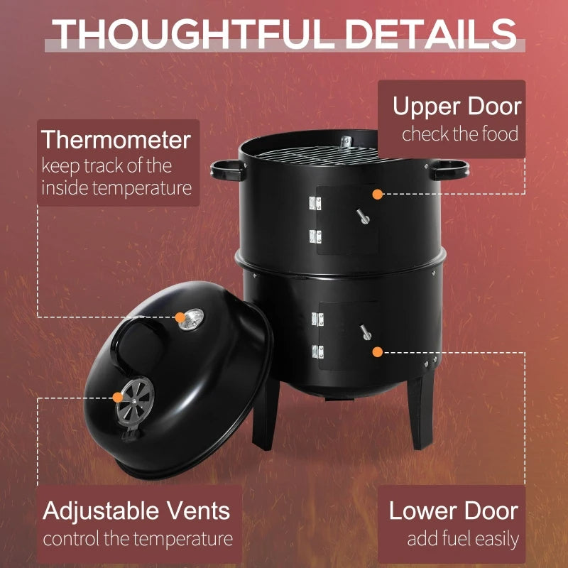 Vertical charcoal smoker with two stacked doors and adjustable vent openings