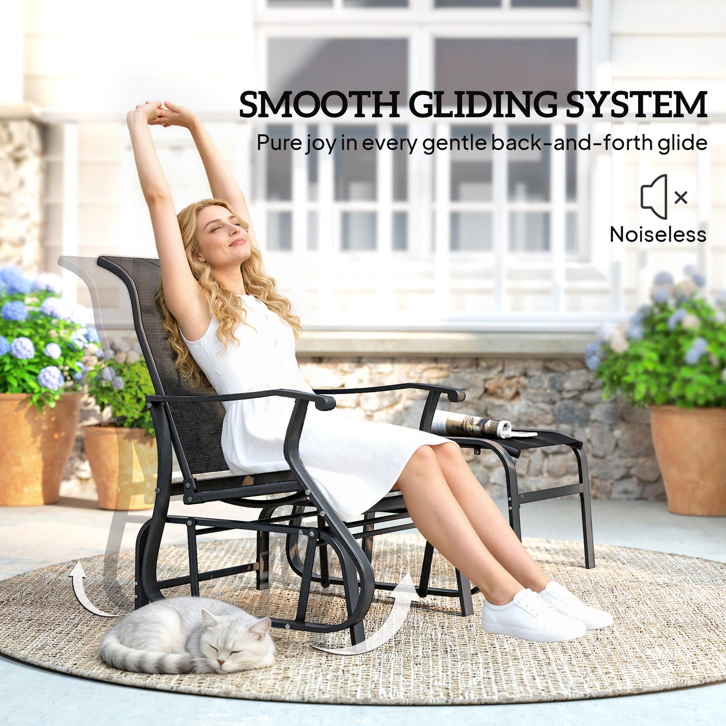 Outdoor Glider Chair with Ottoman | High Back & Wide Seat - Black