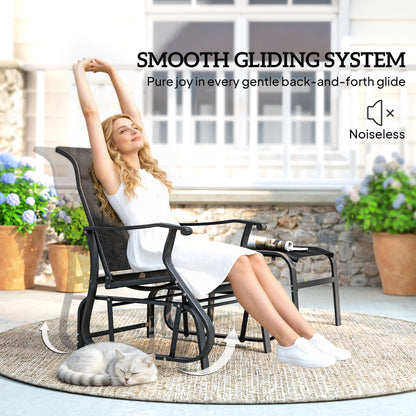 Black outdoor glider chair with smooth gliding frame and high back; ottoman included