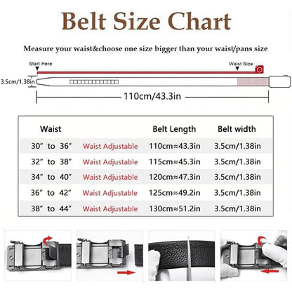 Belt size chart graphic with waist and belt length sizing guide