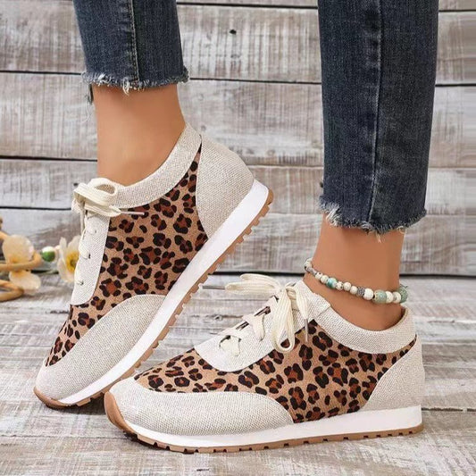 Flat Bottomed Leopard Print Lace Up Casual Sports Shoes