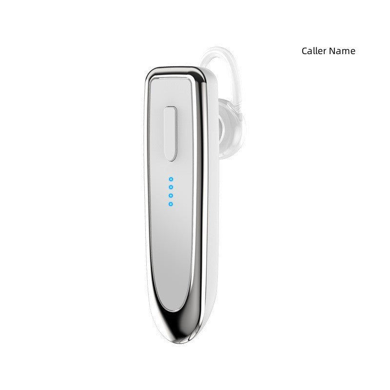 Business wireless Bluetooth headset with white body, clear eartip, and blue status lights