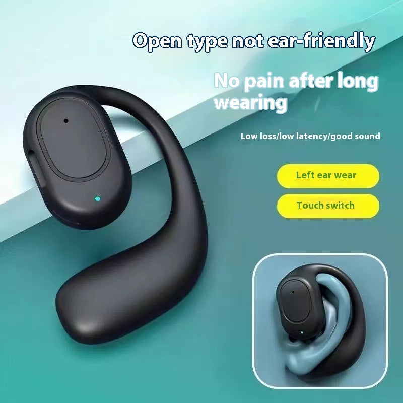 Black open-ear wireless headset with blue LED display and left-ear touch switch