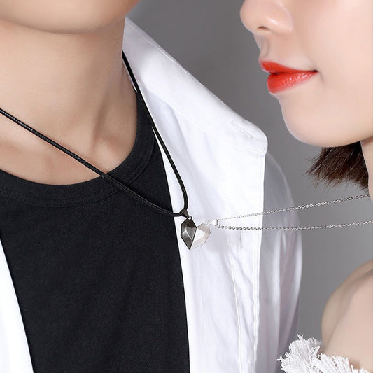 Minimalist Lovers Matching Friendship Heart Pendant Couple Magnetic Distance Faceted Heart Pendant Necklace Couple Jewelry