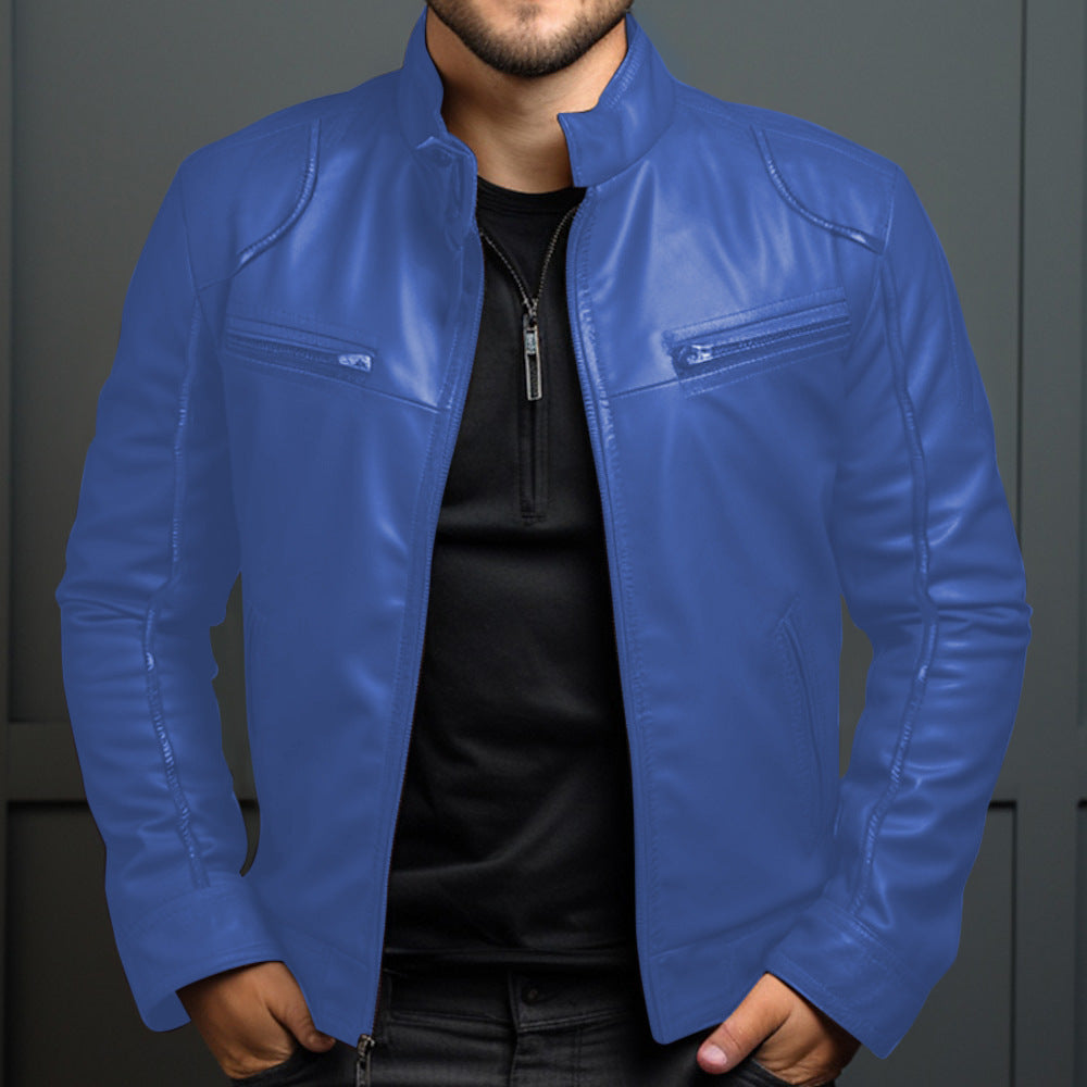 Men's Leather Motorcycle Jacket Men's Stand Collar Motorcycle Leather Ja | Ectron Online
