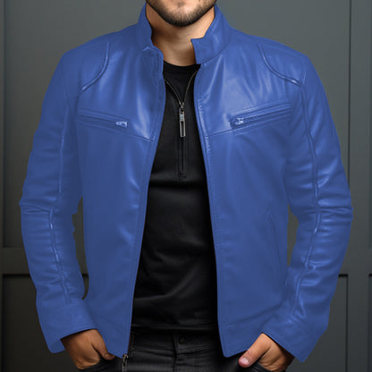 Men's Stand Collar Motorcycle Leather Jacket