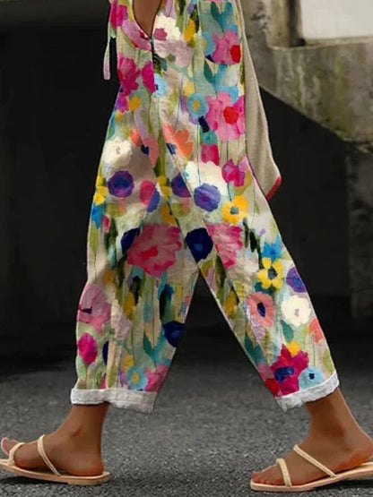 Pocket Casual Printed Elastic Waist Cropped Straight Pants