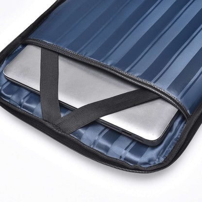 Black computer backpack inner laptop sleeve with elastic bands and fabric divider